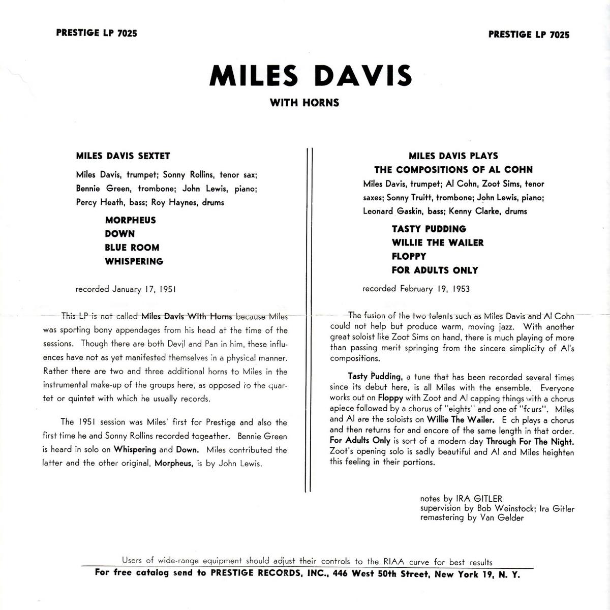 Miles Davis with Horns (PRLP 7025)